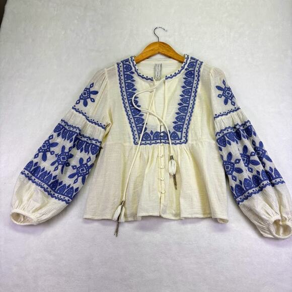 SCARLETT POPPIES Naxos Emroidered Balloon Sleeve Bohemiam Top Blouse Size XS - Picture 2 of 13